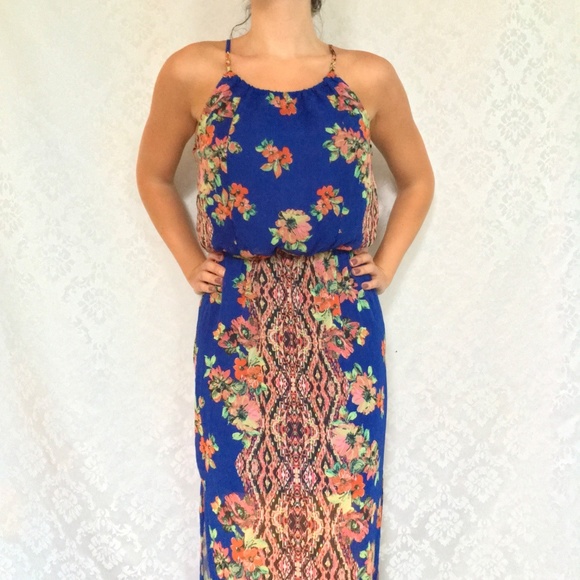 Blue Floral Tropical Halter Maxi Dress - Picture 4 of 7